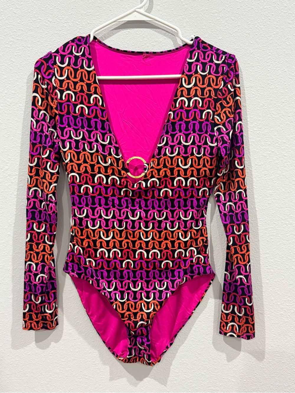 Trina Turk Pink, Purple & Orange Patterned Long-Sleeve One-Piece